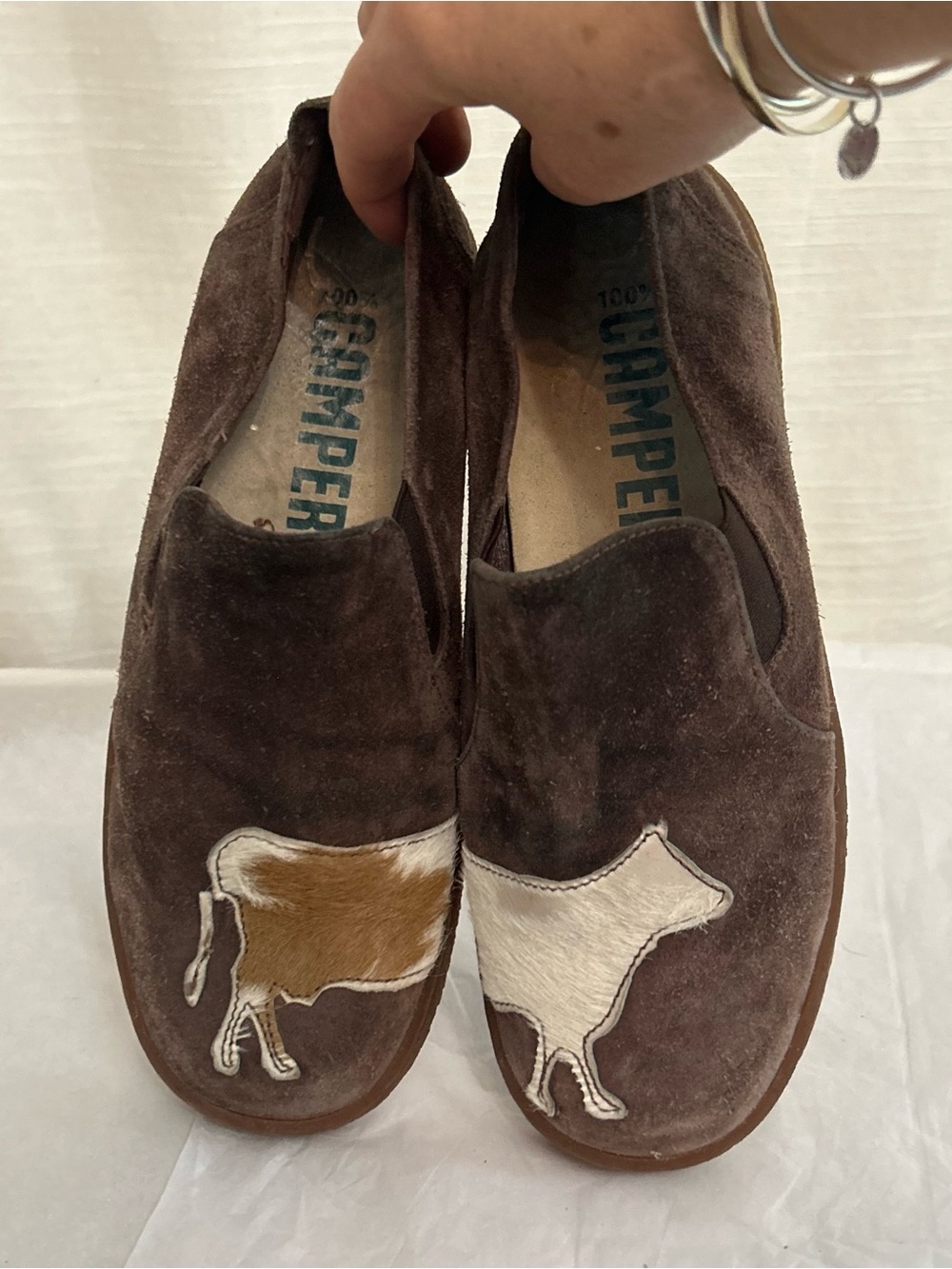 Camper Brown Suede Slip-Ons with Cow Calf Hair Appliqués‎